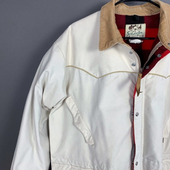 Vintage Schaefer Outfitter Khaki Navajo Made WY Canvas Blanket Lined Coat XL - Picture 2 of 8